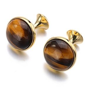 Elegant Round Brown & Gold Striped Tiger’s Eye Cufflinks